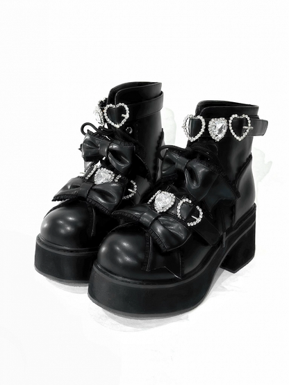 Lace-up with Jirai Buckles Rhinestones Platform Matte Boots Sweetheart Short Ankle Kei Black