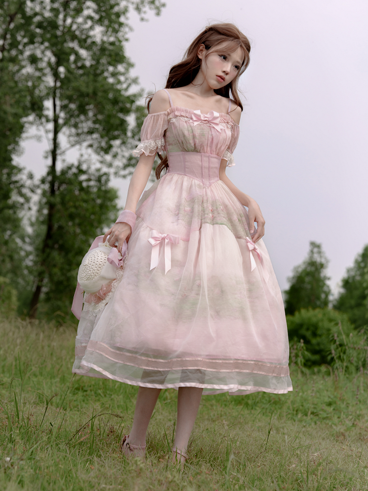 Painting Dress with Organza Overlay Oil Pink Water Lily Print Basque Waist Light