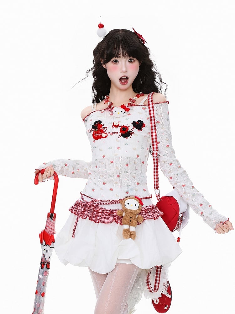 Cherry Adorable Off-Shoulder with White Print Embroidery Top Knit Semi-Sheer