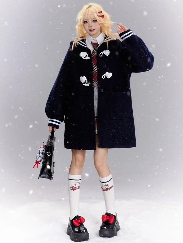 Marineblauer Mantel im Preppy-Stil mit Matrosenkragen