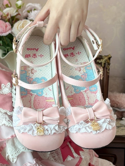 with Lolita - Heel at Trim Toe Cute Details Lace Pudding Janes Pink Top Bow Sweet Style Pumps Round Mary