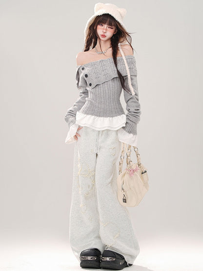 Grey/Navy Blue Off-the-shoulder Neckline Slim-fit Sweater Patchwork Hem and Cuffs