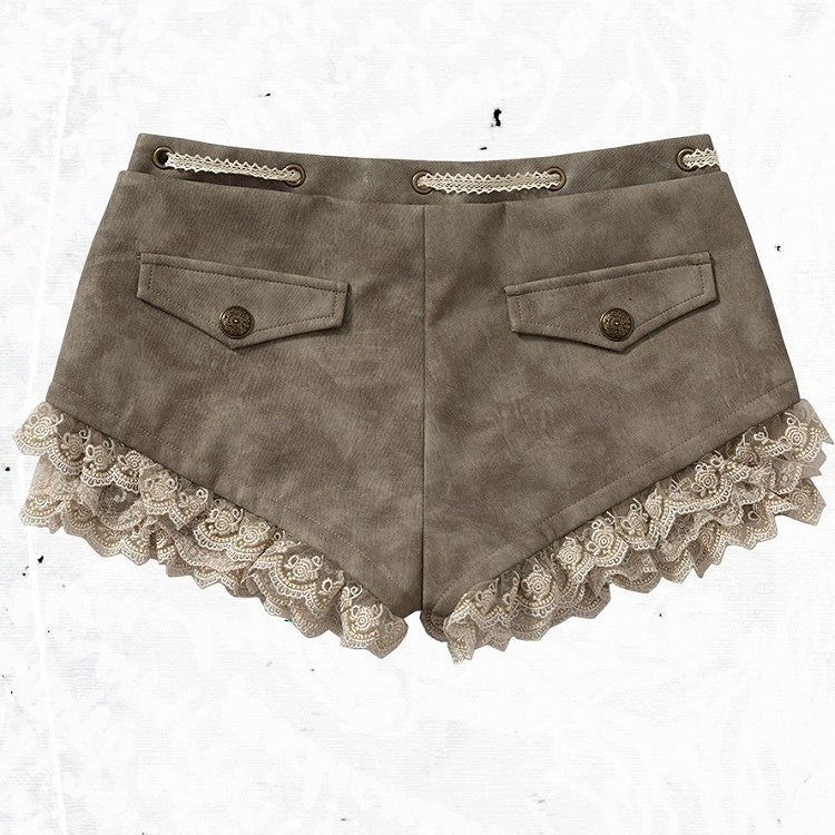 Khaki Faux Leather Shorts with Lace Trimmed Hems - NO ROMANCE