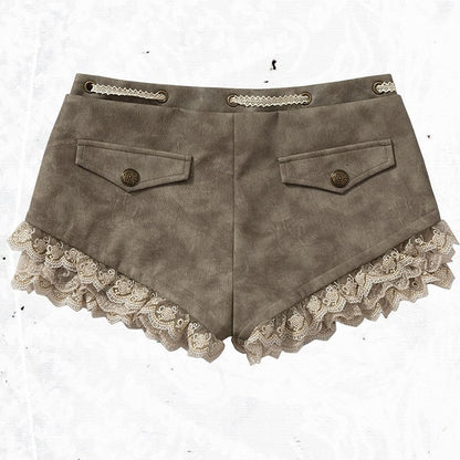 Khaki Faux Leather Shorts with Lace Trimmed Hems - NO ROMANCE