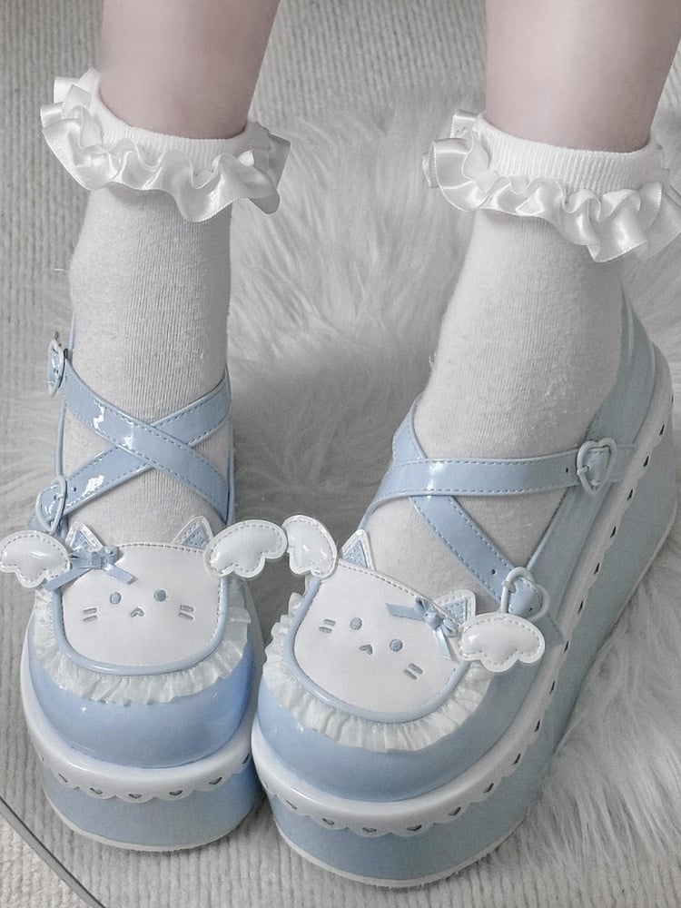 Tenshi Kaiwai Blue Round Toe Kitty Angel Heart Buckle Platform Lolita Shoes