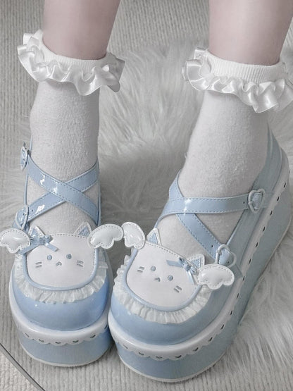 Tenshi Kaiwai Blue Round Toe Kitty Angel Heart Buckle Platform Lolita Shoes