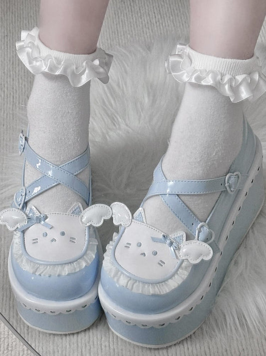 Tenshi Kaiwai Blue Round Toe Kitty Angel Heart Buckle Platform Lolita Shoes