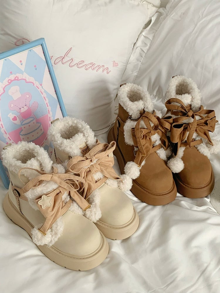 - Apricot Pompom 5.5cm Platform Fastening Lolita Bow Sweet Beige with Lining Ankle Boots Dual Plush