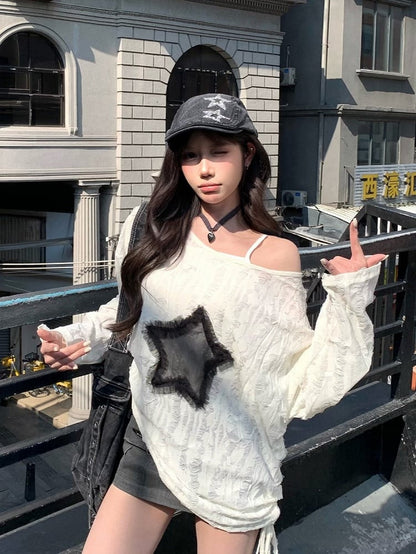 White with Graphic Detail Hole Hem Top Off-Shoulder Tie Star Distressed