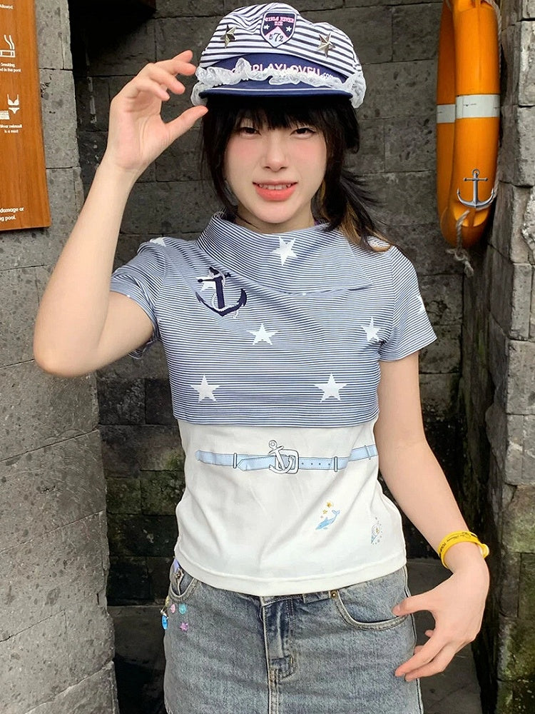 Star Print T-Shirt Blue with and White Stripes Navy Style