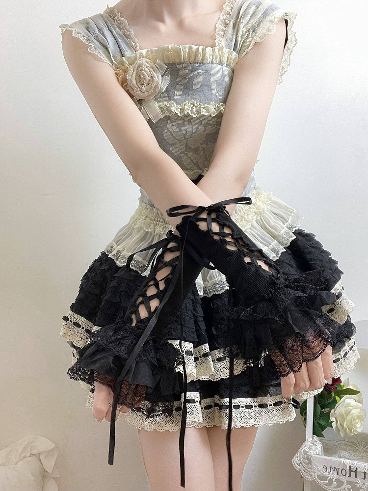 Lace-Up Style Lolita Cuffs Black Wrist Colors: Ruffled (2