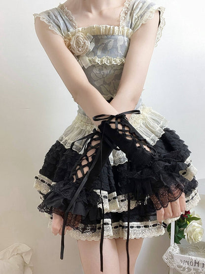 Lace-Up Style Lolita Cuffs Black Wrist Colors: Ruffled (2
