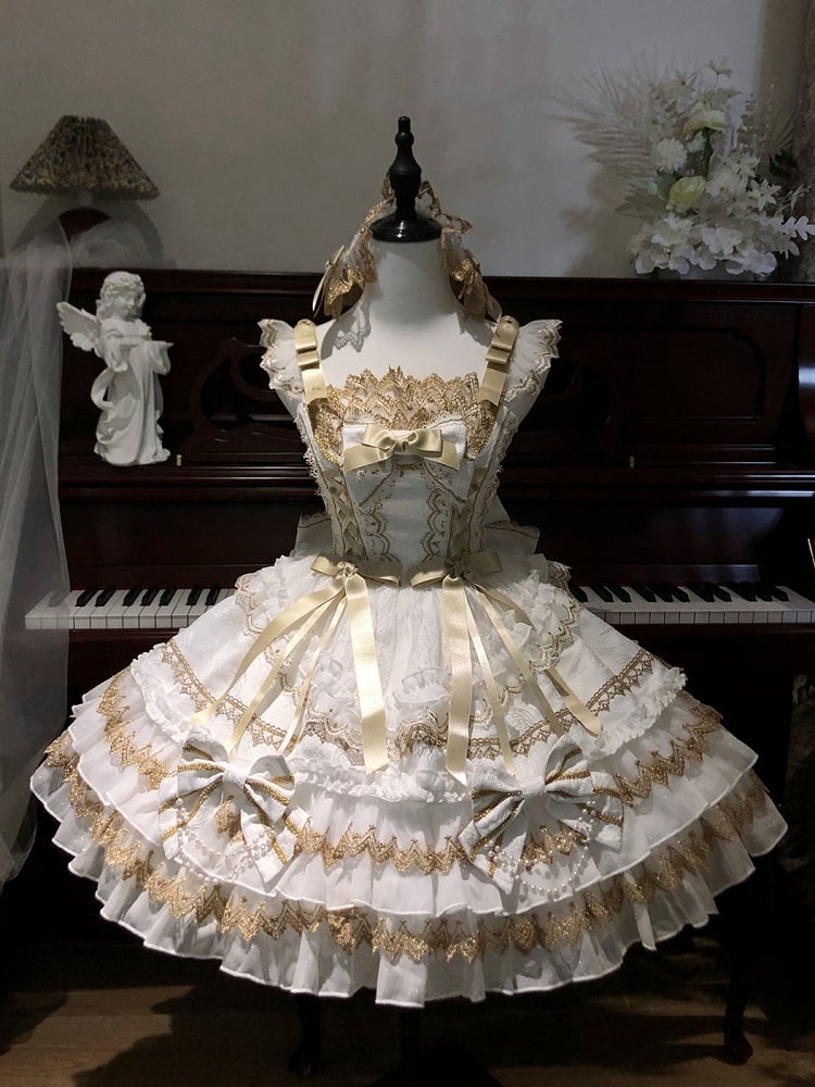 Perlen Lolita Verziertes Weißes Kleid Schleifen Kette Stufenrock Prinzessin