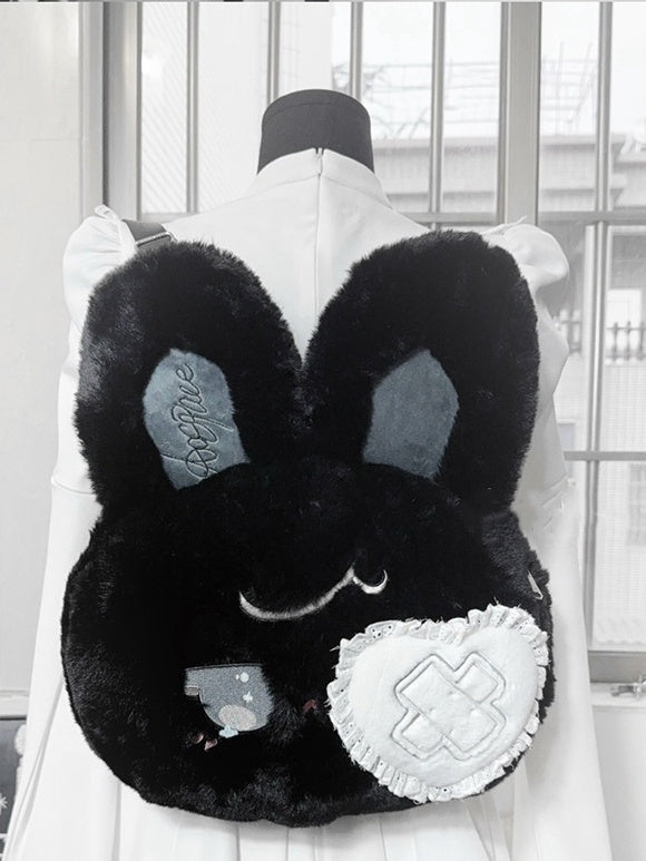 Eye Black White with Design Bendable Heart Patch Kawaii Ears / Bunny Plush Backpack