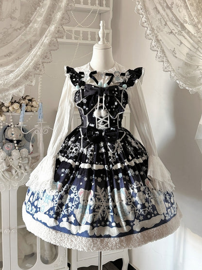 Winter Sweet Lolita Black-Dark Blue Gradient Dress with Teddy and Snowflake Print
