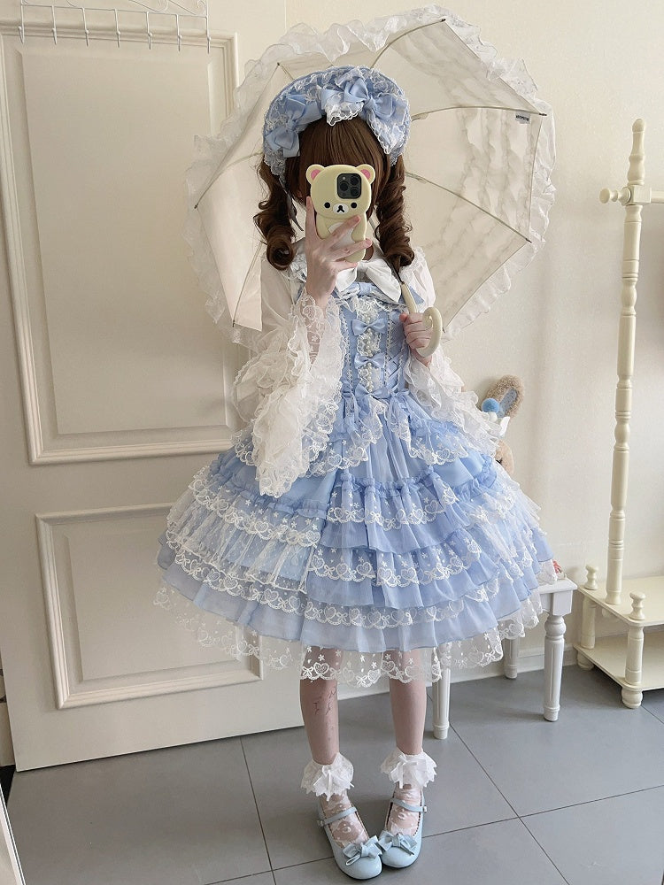 JSK Bow Sweet Fresh Blue Lace Princess with Dress Multi-Layer Details Trim Bead