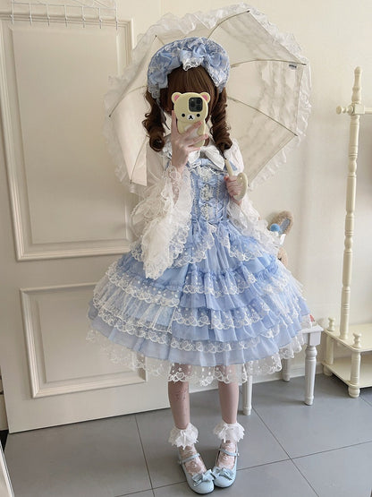 JSK Bow Sweet Fresh Blue Lace Princess with Dress Multi-Layer Details Trim Bead