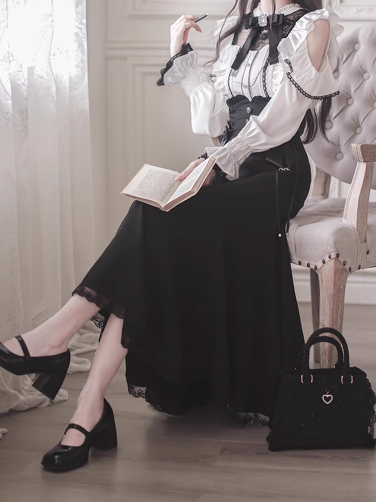 White Neckline Contrast Black Blouse Jirai Shoulder Kei Cutouts Style Lace with