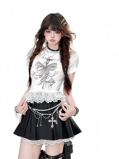 Gray/White Butterfly Ruffled Lace Trim T-Shirt