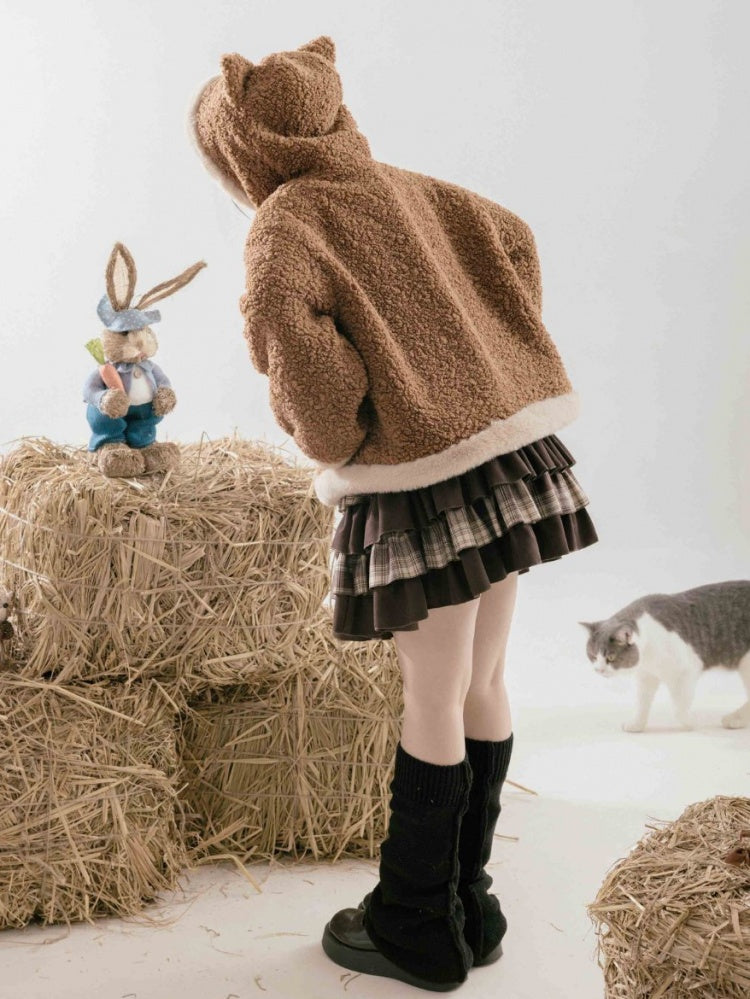 ブラウンフリース レッサーパンダの耳付きフード付き冬用コート