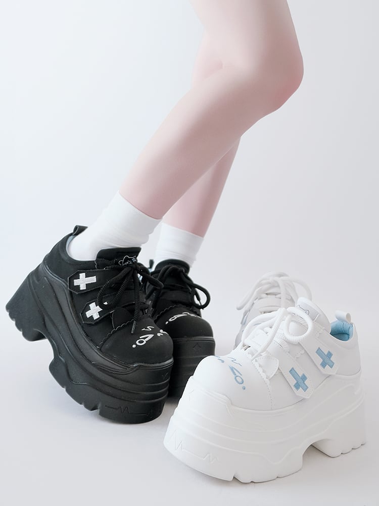 Yami Kawaii Matte Black Cross Velcro Strap Kitty Ears Platform Shoes