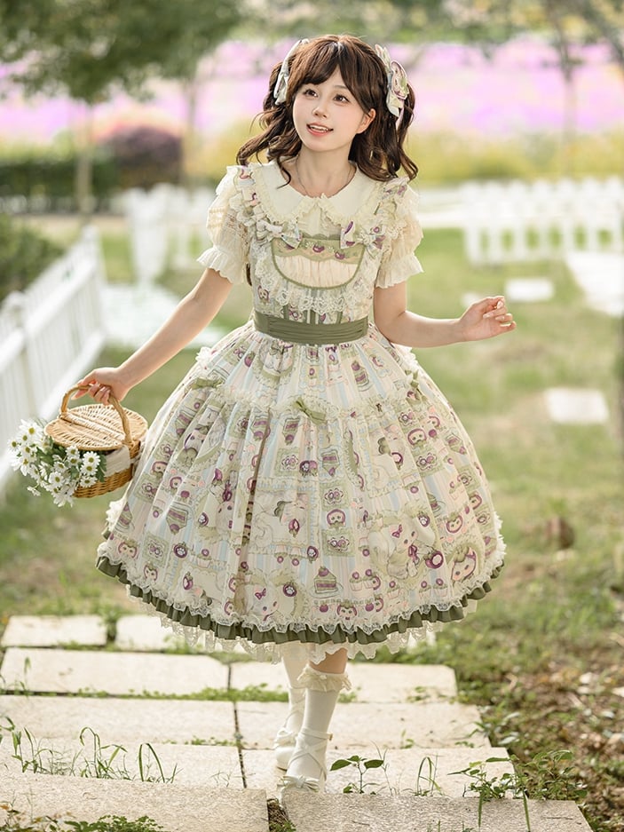 Print and Kitten Jumper Skirt Cream Mangosteen Lolita Green Sweet