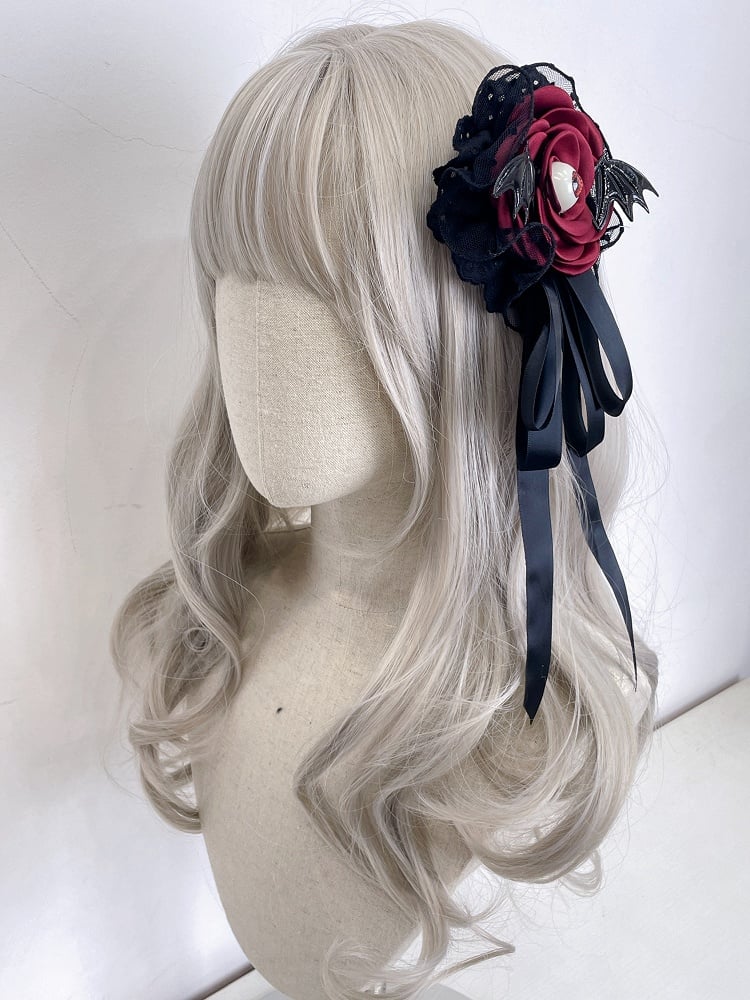 Schwarze Fledermausflügel Rote Augapfelblume Gothic Floral Haarspange