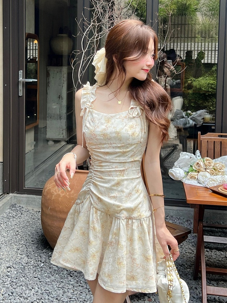 Light Yellow Floral Print Summer Holiday Dress - Qchiwawameme