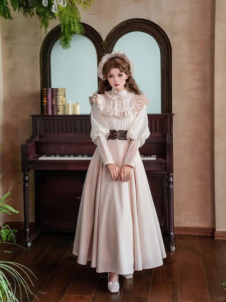 Long-Sleeve Ruffled Beige Classic Dress Elegant Waist Lolita High