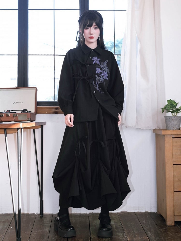 Gothic Long-Sleeve Shirt with Asymmetric Placket & Iris Print in Black Purple - Quirky Hut
