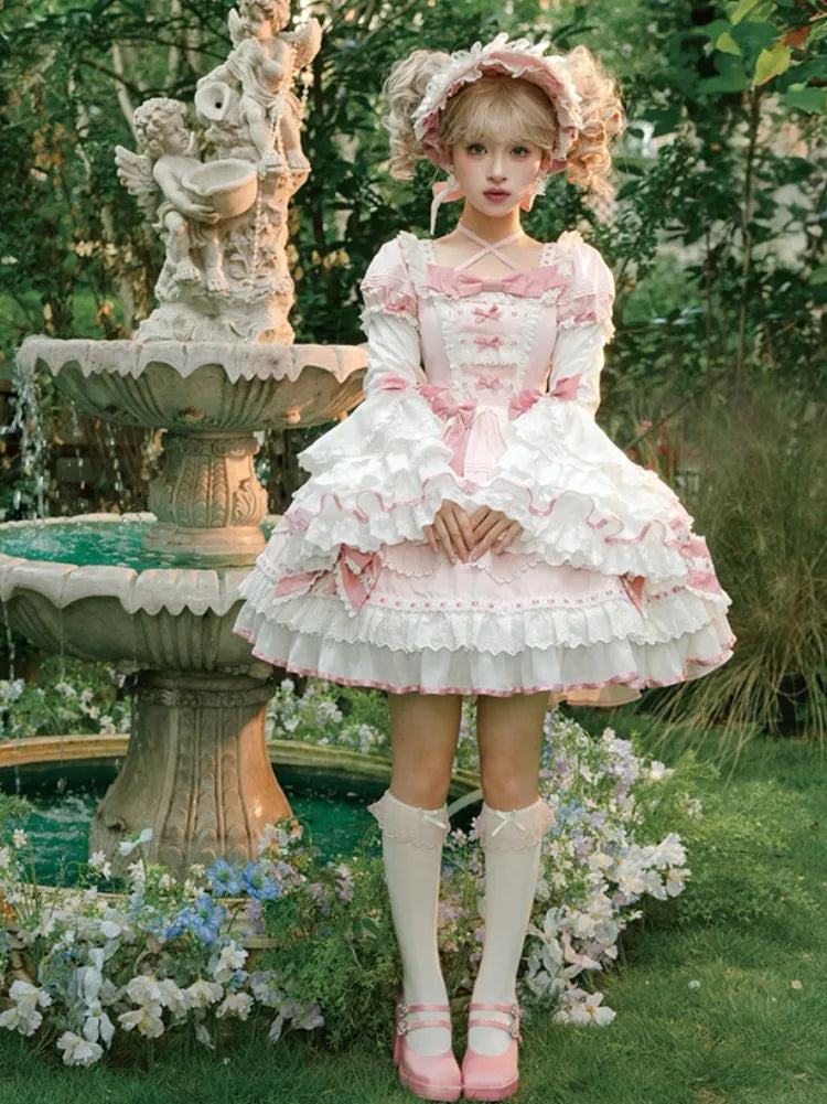 One Pink White and Bell Dress Piece Layered Lolita Sleeves School Long Old