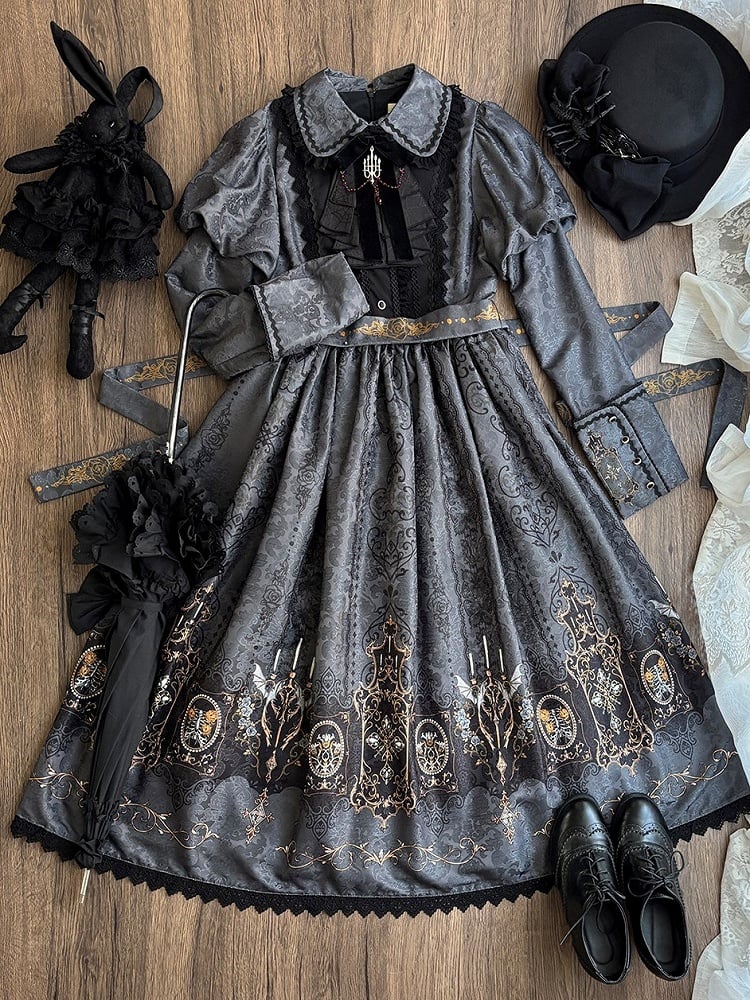 Lolita with Bat Juliette Wings Candelabras Sleeves Print Gray Dress Gothic