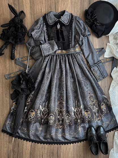 Lolita with Bat Juliette Wings Candelabras Sleeves Print Gray Dress Gothic
