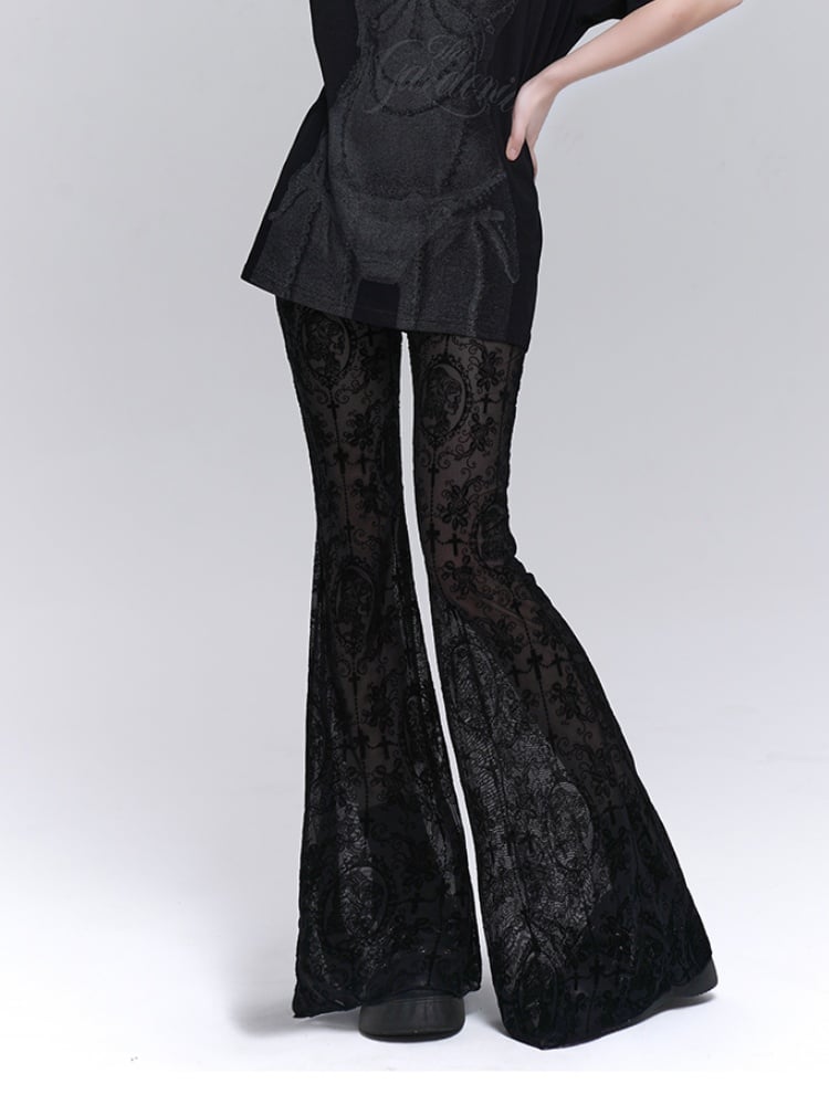 Gothic Schlaghose mit schwarzer Spitze und Rosetten