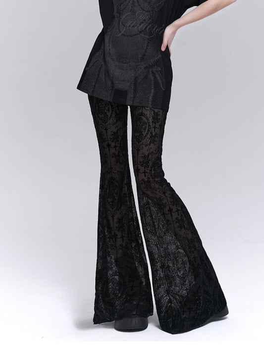 Gothic Schlaghose mit schwarzer Spitze und Rosetten