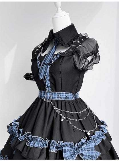 Vollschulter-Set und blau karierter Rock Idol Lolita-Kleid mit gestuftem Ausschnitt in Schwarz
