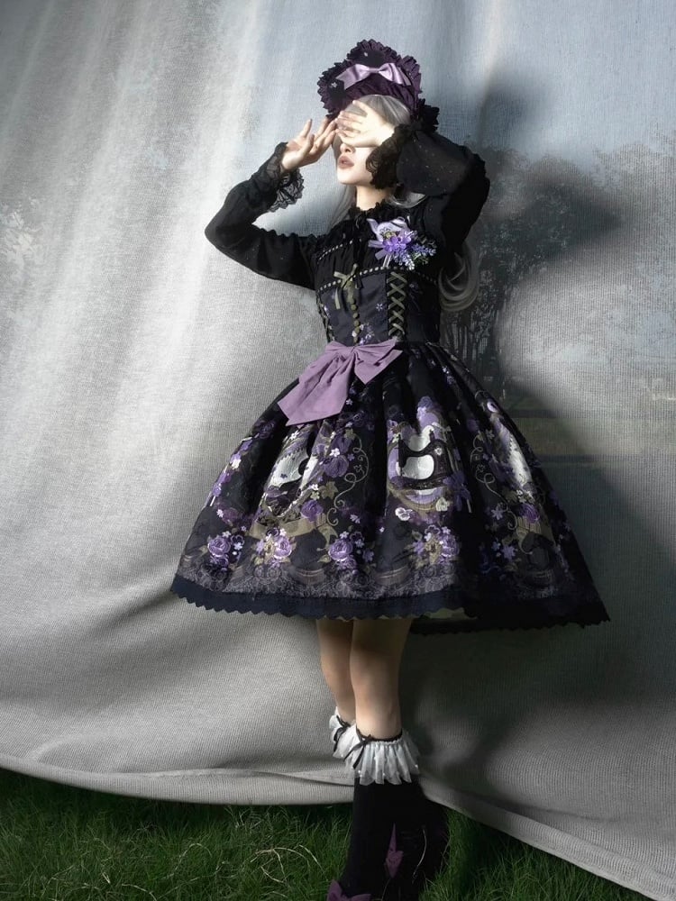 Print Jumper Purple Lolita and Black Jacquard Floral Bunny Dress Skirt
