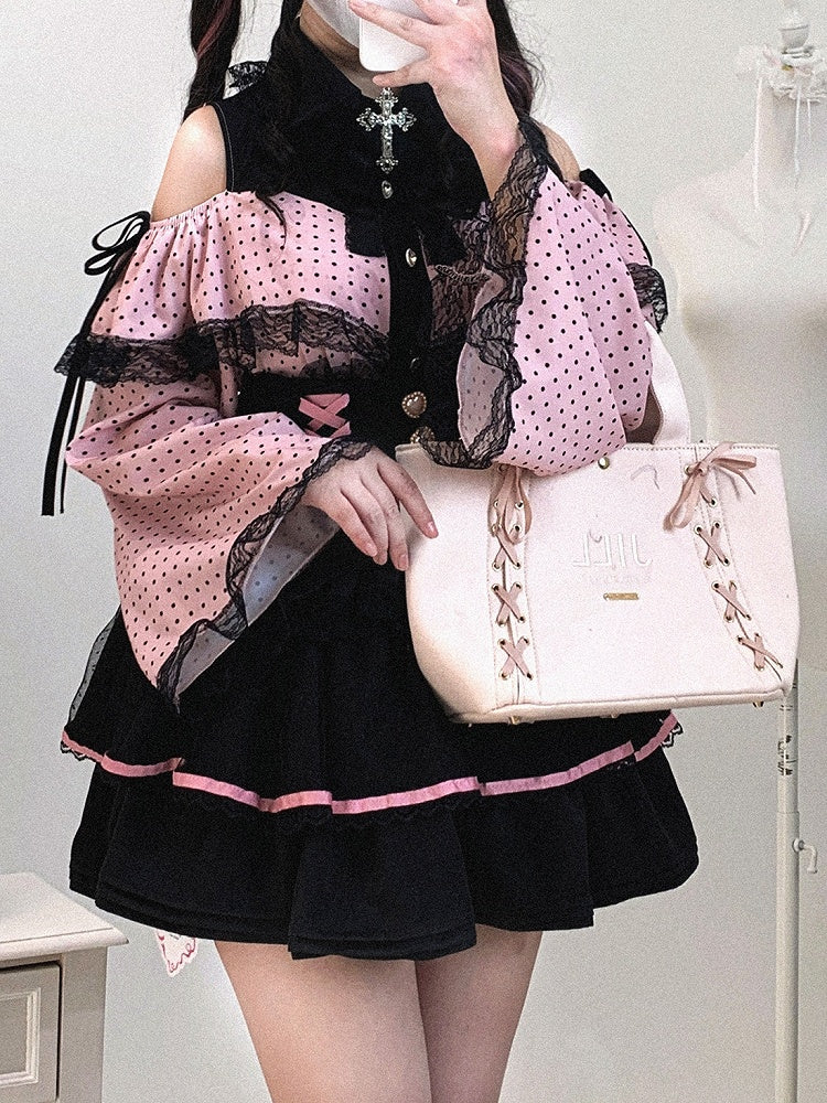 Jirai Sleeves Kei Polka-dot Bell / Blouse | White Pink