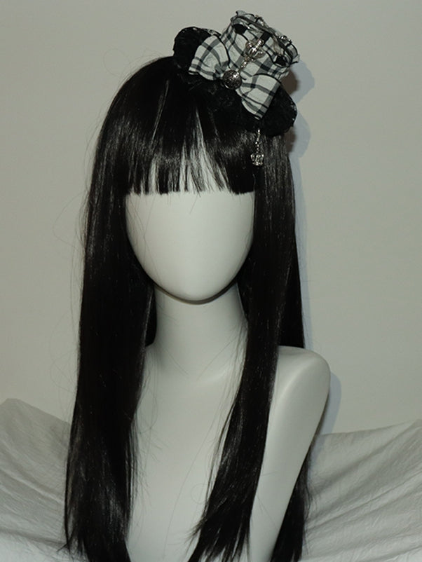 ミニチャーム スクープ柄 クラウン チェック柄 装飾 ブラックホワイト 帽子 蝶結び フォーク