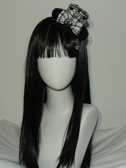 ミニチャーム スクープ柄 クラウン チェック柄 装飾 ブラックホワイト 帽子 蝶結び フォーク