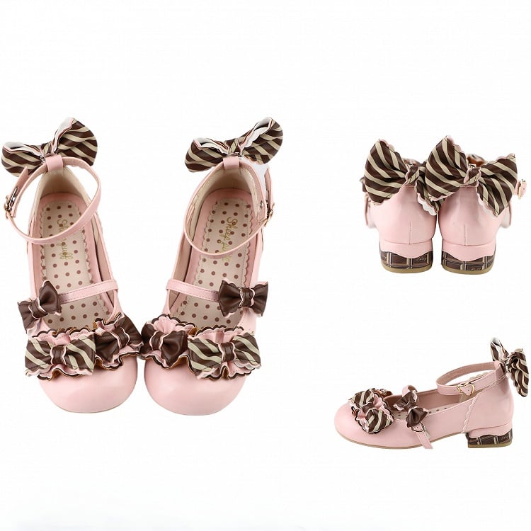 Details Pattern Striped PinkBrown Heart Shoes Buckle Lolita Bowknot