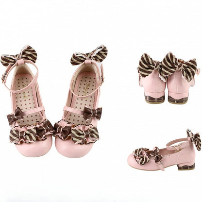 Details Pattern Striped PinkBrown Heart Shoes Buckle Lolita Bowknot