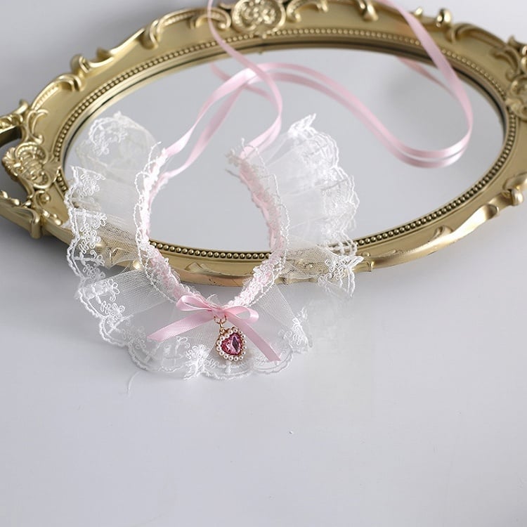 Lace Choker With Heart White Pink Charm Bowknot And Sweet