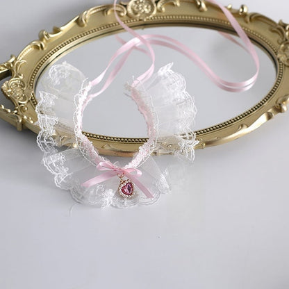 Lace Choker With Heart White Pink Charm Bowknot And Sweet