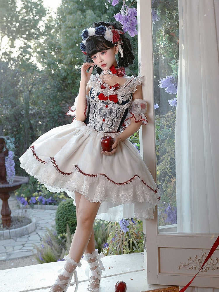 Vibes Sleeves and Bow White Detachable Snow Sweet Lace Decorated Blue Skirt Top Lolita + Full Set Choker KC Corset
