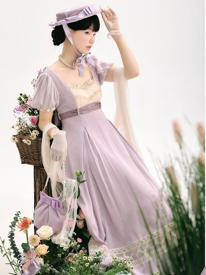 Elegant Purple High-Waisted Empire Lolita OP Gown with Lace Accents - KOMOMO