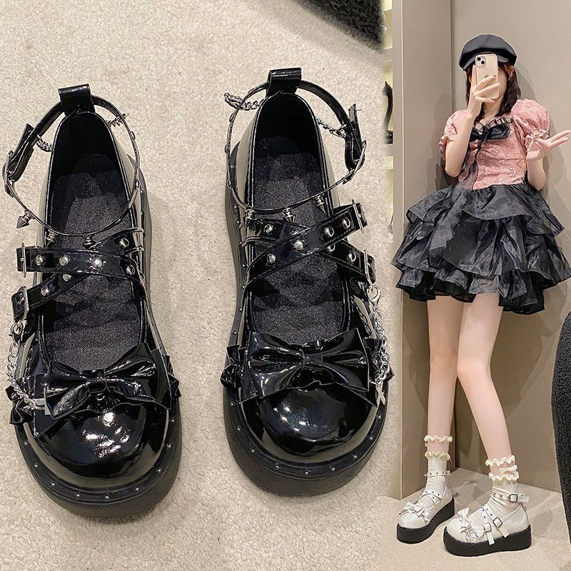 Punk Black Cat Lolita Thick Sole Platform Shoes – Sweet Cool Y2K JK Leather Flats | LilyVow