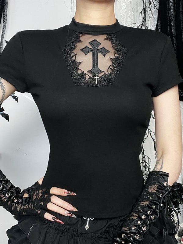 Cross Sleeve Black Cutout Halloween Charm with Top Short Tulle Applique Gothic Hexagon