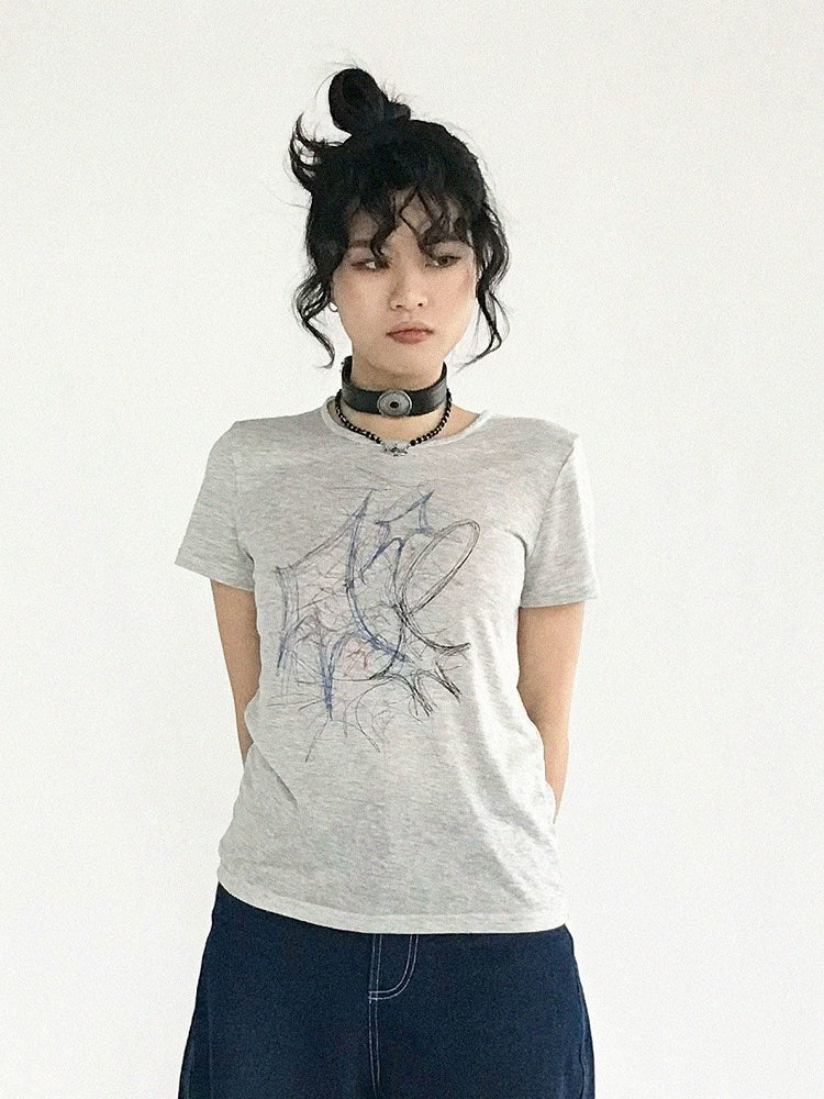 Pattern Version Graffiti Sleeve Gray Neck Round Tee Short in