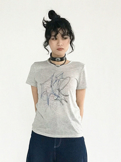 Pattern Version Graffiti Sleeve Gray Neck Round Tee Short in